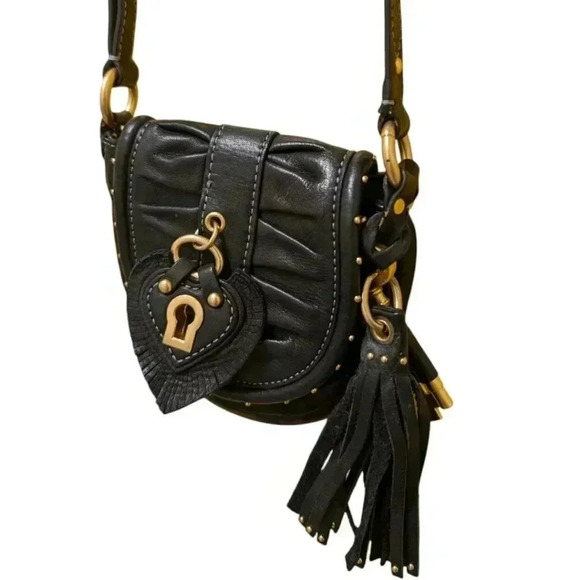 Juicy Couture Crossbody Bag Iconic Heart Lock Vintage Leather Black Brass Women - Picture 7 of 16